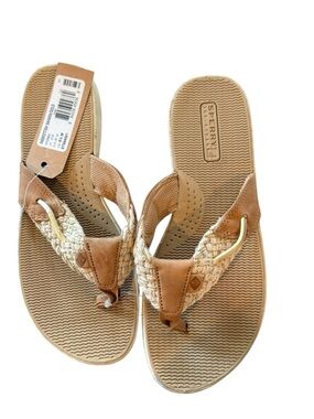 Sperry Flip Flop Sandals Tan Gold Cream Braided Thong Sandal Parrotfish Size 6.5